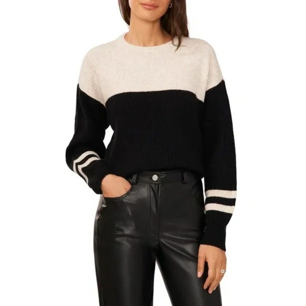 HALOGEN Colorblock Stripe Sleeve Sweater‎ In Rich Black Women's Size XL NWT
